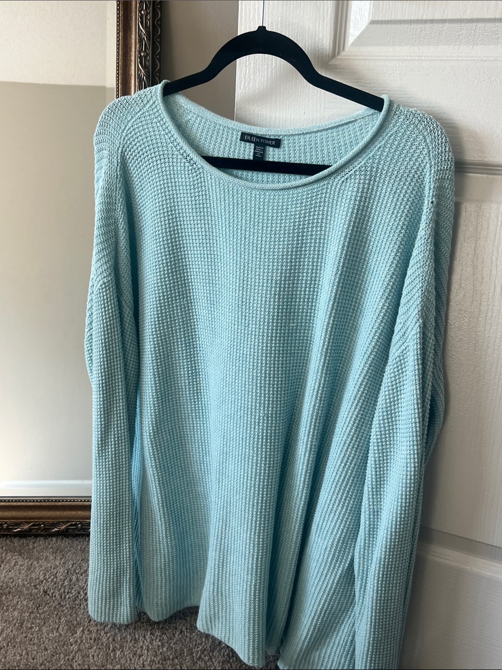 Eileen Fisher Light Aqua Waffle-Knit Scoop Neck Sweater